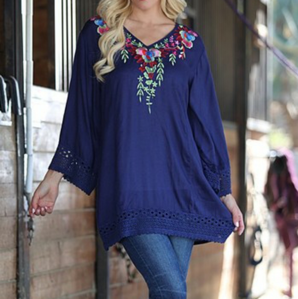 Embroidered V-Neck Blue Floral Border Top